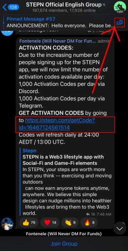 Telegrama de código de activación STEPN