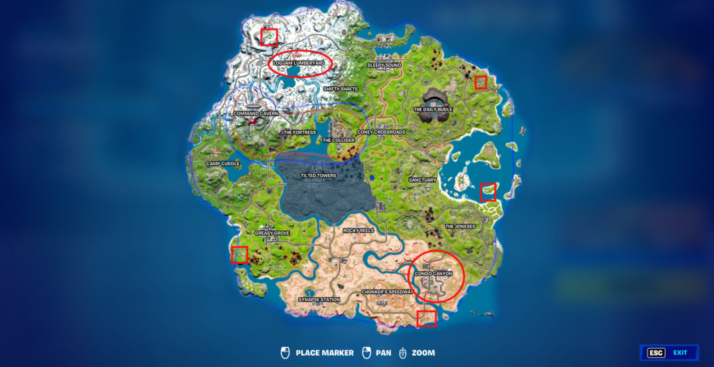 Mapa de la temporada 2 del capítulo 3 de Fortnite con aserradero y cañón de condominios en círculos, otros puestos de avanzada en cuadrados rojos