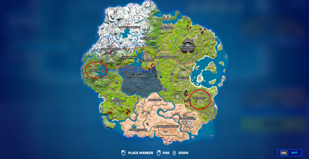 Mapa de Fortnite con Camp Cuddle y The Joneses en un círculo