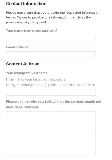 Información de contacto y contenido en cuestión en Instagram