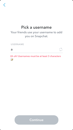Límite mínimo de caracteres de nombre de usuario de Snapchat