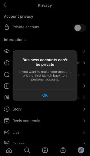 Las cuentas comerciales no pueden ser privadas en Instagram