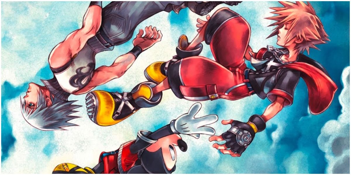 Arte de portada de Kingdom Hearts Dream Drop Distance con Riku, Mickey y Sora