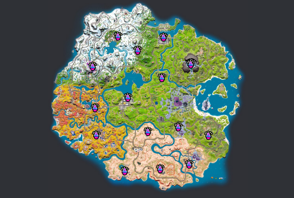 Una captura de pantalla del mapa de Fortnite, que muestra diferentes ubicaciones donde los jugadores pueden encontrar un pastel de cumpleaños.