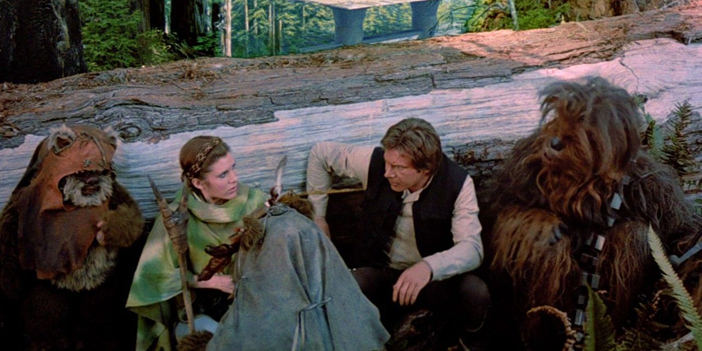 Wicket con Leia, Han y Chewbacca