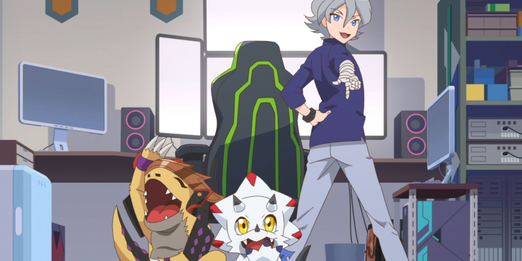 Ryudamon, Kiyoshiro y Gammamon imitan la apertura de D-Topi en Digimon Ghost Game