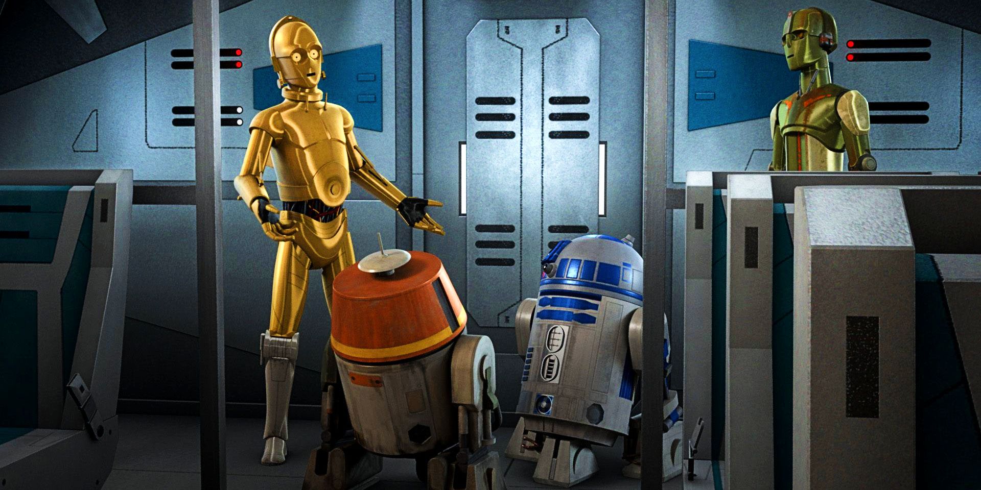 R2D2 y C3PO fraternizando con otros droides en REBELS