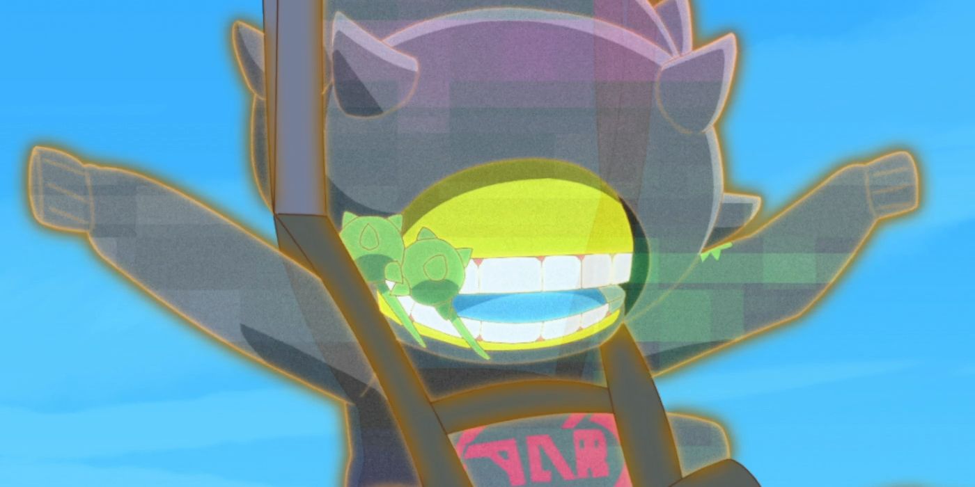 Publimon luce alegre mientras se lanza en paracaídas por el aire en Digimon Ghost Game