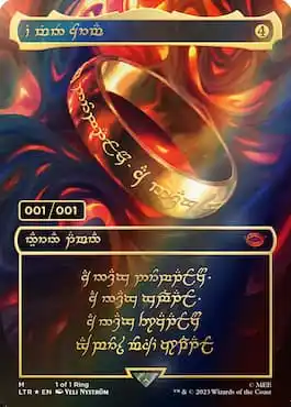 Tarjeta MTG The One Ring serializada uno-a-uno en juego LTR.  El infame anillo se muestra sobre un fondo tipo teñido anudado de colores rojo, naranja, verde y azul.