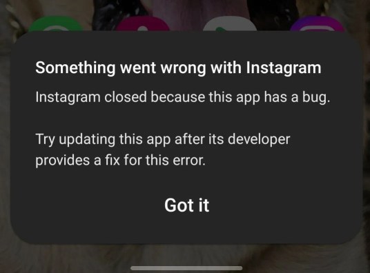 Instagram cerrado porque esta aplicación tiene un error