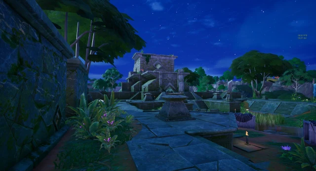 Punto de interés de Ruinas de Rumble de Fortnite.  Un templo en medio de una selva. 