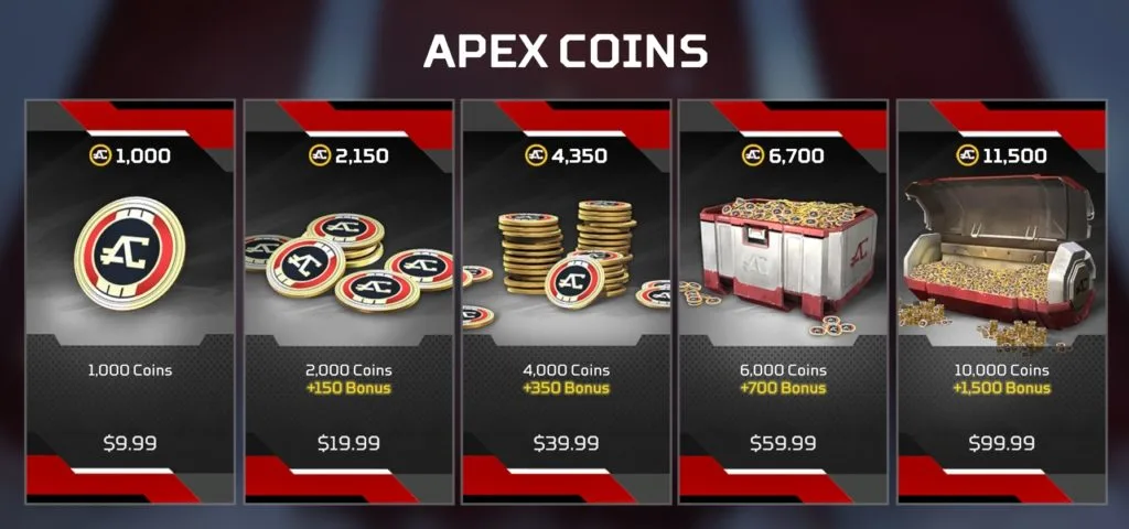Una muestra de todas las opciones de compra disponibles para Apex Coins en Apex Legends.