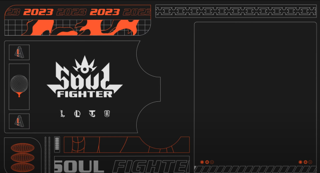 Una imagen del logotipo de Soul Fighter 2023 de League of Legends.  Es naranja, negro y blanco con un ambiente futurista. 
