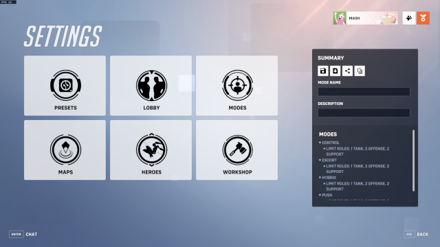 El menú de configuración de juego personalizado de Overwatch 2, con un resumen y un cuadro de entrada de código a la derecha que permite modos de juego personalizados.