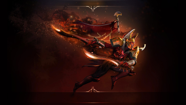 Una guerrera que sostiene espadas rojas y con estandartes en la espalda salta hacia la derecha.