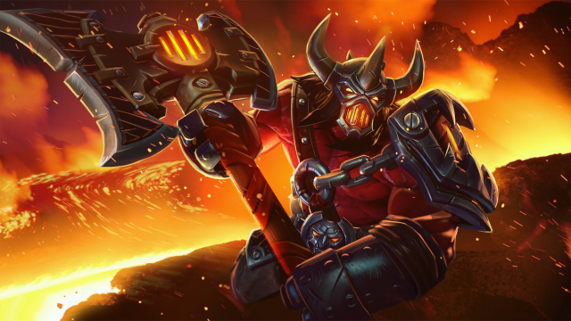 Axe, una bestia roja con armadura, sosteniendo un hacha gigante mientras las llamas lo rodean.