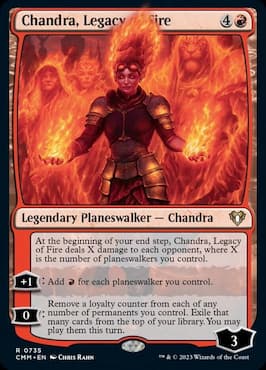 Imagen de Chandra rodeada de planeswalkers en llamas a través de la tarjeta Precon de Chandra Legacy of Fire CMM Planeswalker Party