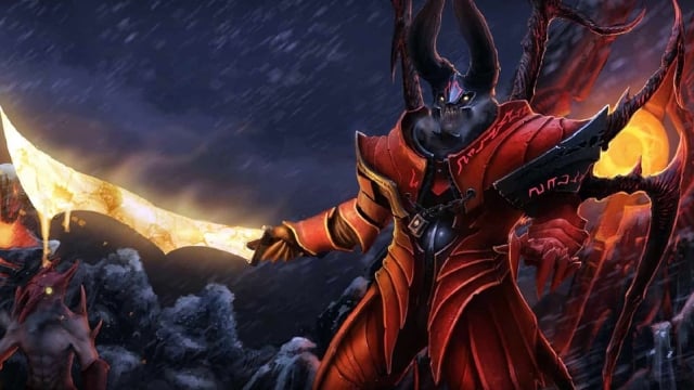 Doom blandiendo su Infernal Blade durante una noche invernal en el campo de batalla de Dota 2.
