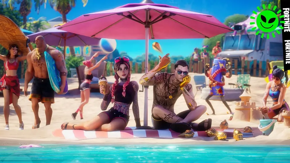 Personajes de Fortnite relajándose bajo una sombrilla de playa durante el verano. 