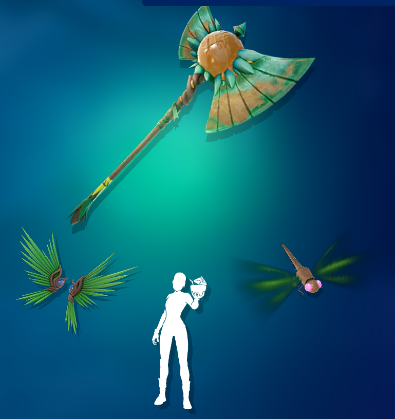 Recompensas de Fortnite's Summer Escape, que incluyen un pico, un accesorio mochilero, un planeador y un emoticón. 