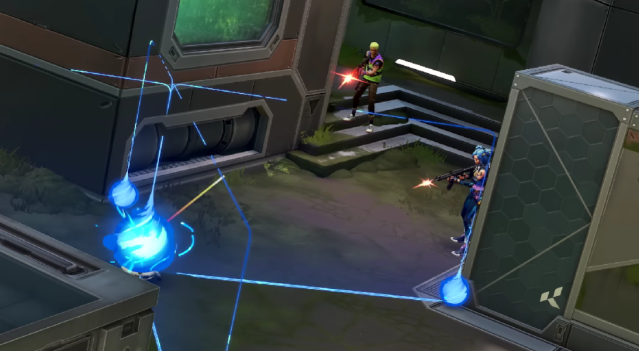 Gekko y Neon disparando contra Barrier Mesh en VALORANT. 