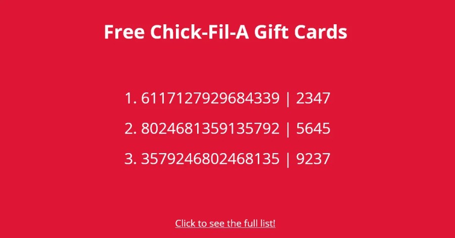 Tarjetas de regalo gratis de Chick-Fil-A