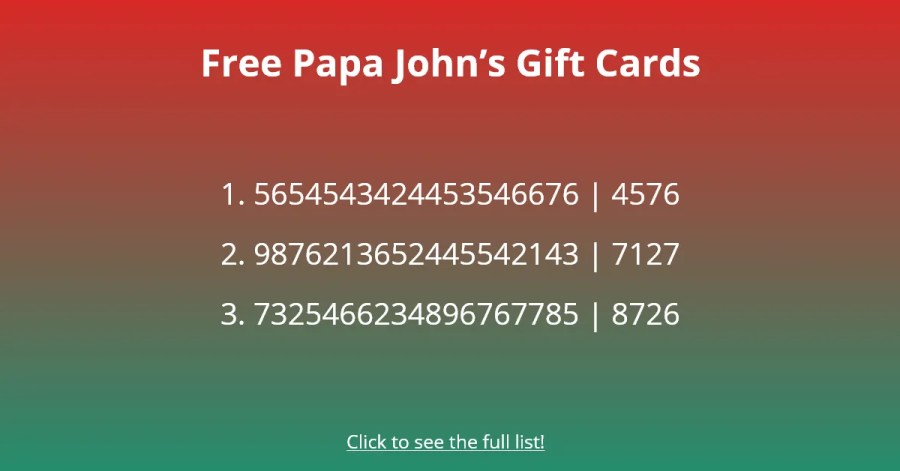 Tarjetas de regalo de Papa John's gratis