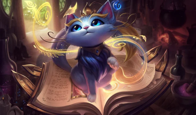 La ilustración oficial de Yuumi, la gata mágica, que representa a una gata azul claro en un libro con magia arremolinándose a su alrededor.