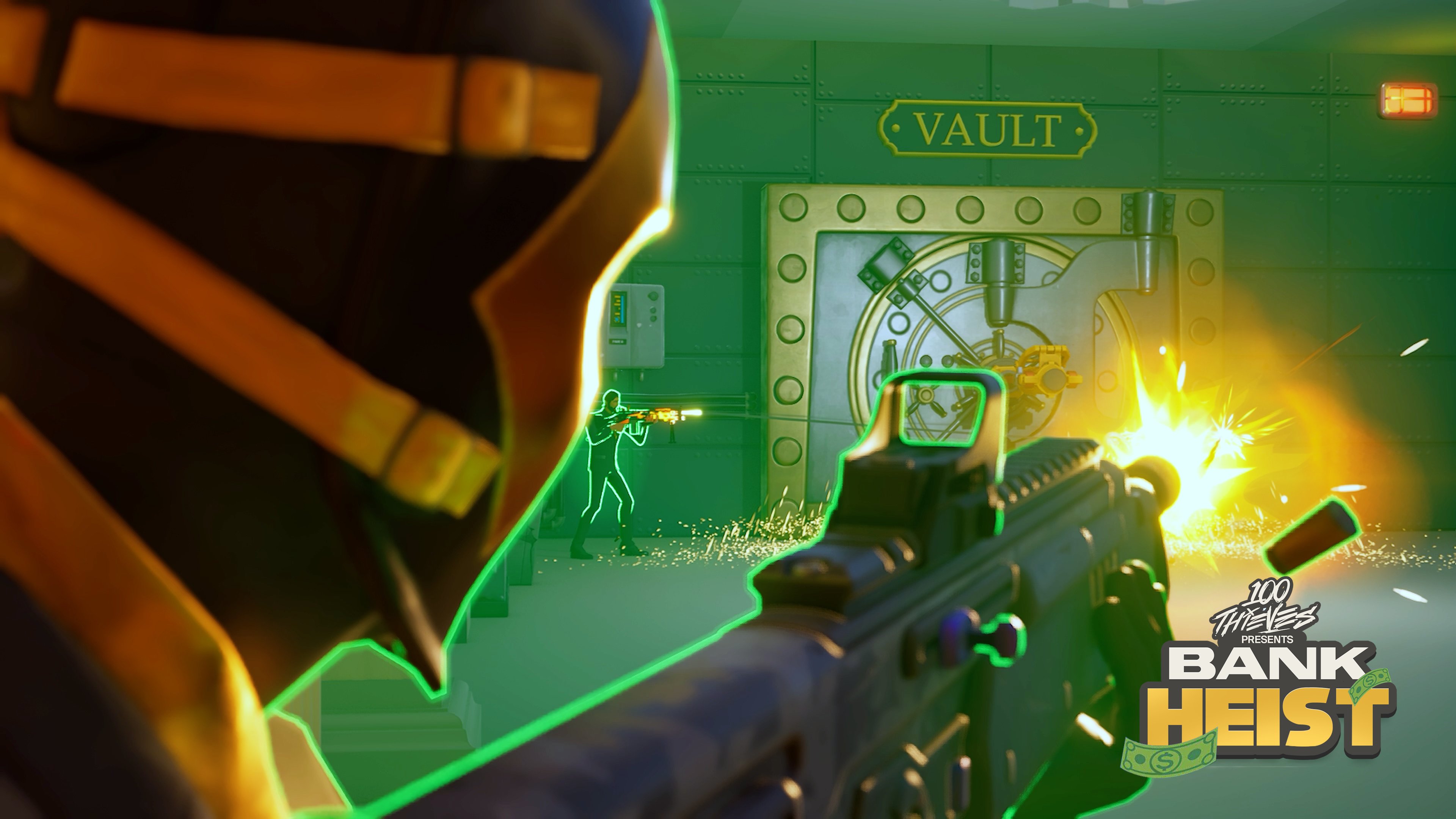 Imagen de un personaje disparando un arma en Bank Heist, modo Fortnite de 100 Thieves.