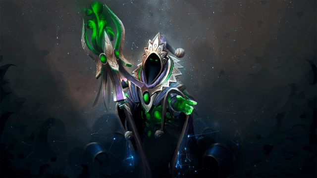 Un mago travieso con una capa morada y un bastón verde gesticula frente a un campo de estrellas en Dota 2. 