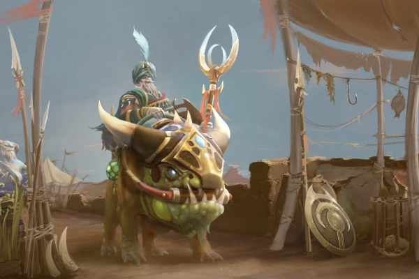 Un comerciante se sienta encima de una bestia en la arena en Dota 2.