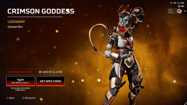 Crimson Goddess Catalyst, con ojos rojos, piel cenicienta, un casco rojo y dorado y tubos dorados de ferrofluido unidos a su armadura.