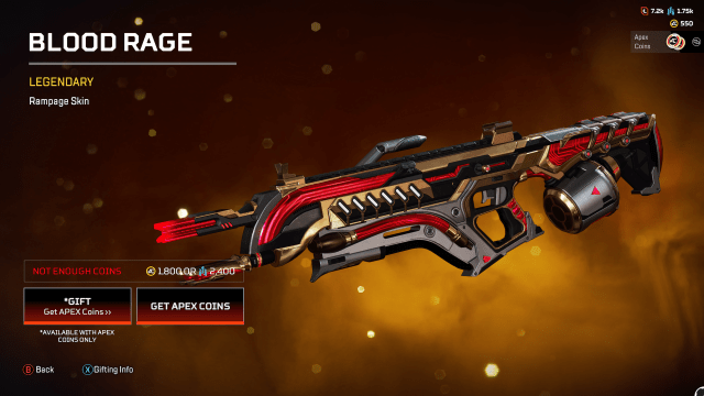 The Blood Rage Rampage, una piel roja, dorada, negra y plateada con elementos rojos brillantes.