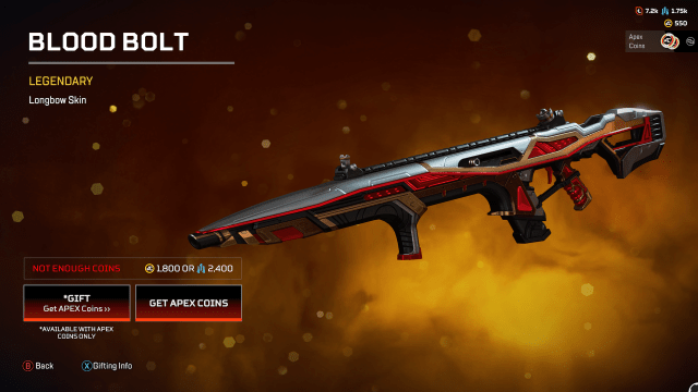 El Blood Bolt Longbow, una elegante piel de francotirador plateada y roja.