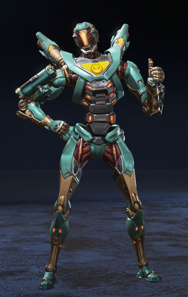 El cuerpo de metal de Pathfinder es azul con detalles en naranja en el estómago y una cara sonriente diabólica en el pecho.