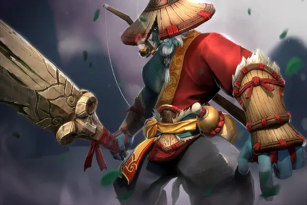 Una figura con túnica roja y sombrero está lista para pelear, sosteniendo una lanza gigante.