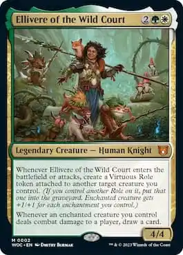 Imagen de un caballero humano rodeado de animales en el bosque salvaje a través de la baraja Wilds of Eldraine Virtue and Valor Precon Commander