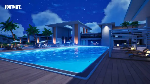 Retiro implacable de Fortnite, con piscina al aire libre, palmeras y tumbonas. 