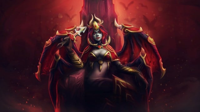 Una figura demoníaca con alas rojas y azules se sienta en un trono girando una daga.