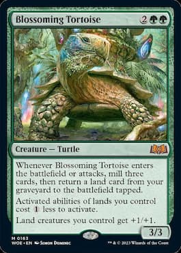 Imagen de una tortuga mágica masticando un árbol a través del conjunto MTG Blossoming Tortoise Wilds of Eldraine