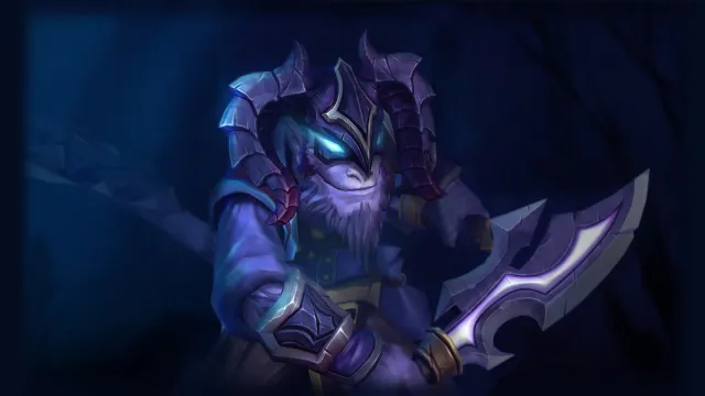 Riki, un pequeño asesino violeta, sostiene una espada mientras sus ojos brillan de color azul en la oscuridad en Dota 2.