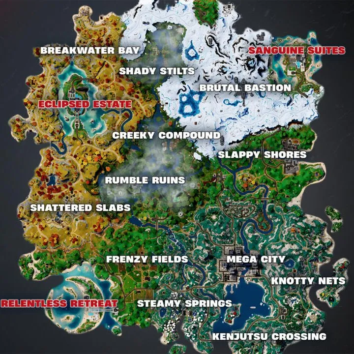Una imagen del mapa de Fortnite que muestra los 15 puntos de interés, incluidas las nuevas ubicaciones Sanguine Suites, Eclipsed Estate y Relentless Retreat.
