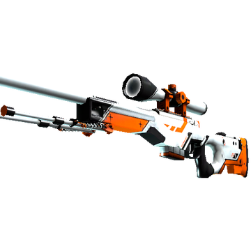 El AWP Asiimov, un rifle de francotirador de CS:GO pintado de blanco y naranja.