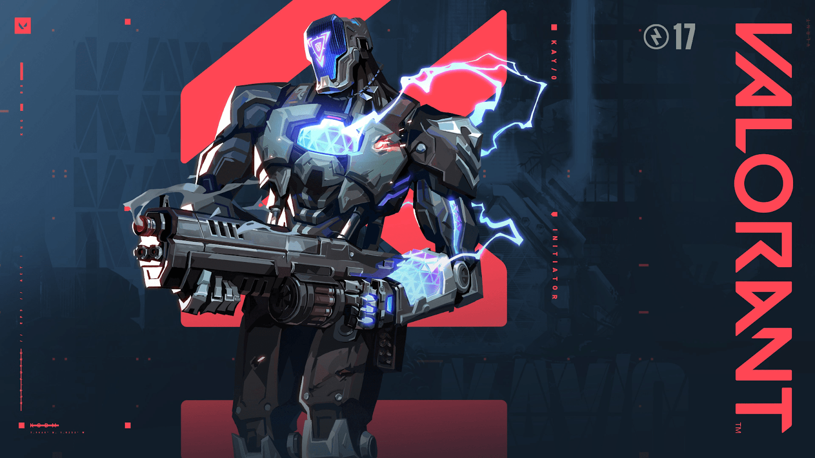 Agente KAY/O VALORANT.  KAY/O es un robot de aspecto musculoso que se para frente a un fondo azul y rojo con el título del juego en un lado de la pantalla.