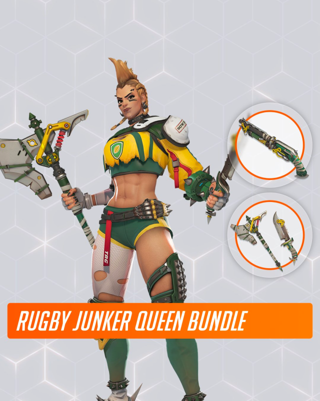 Nueva piel de Rugby Junker Queen Overwatch 2, con atuendo amarillo y verde. 