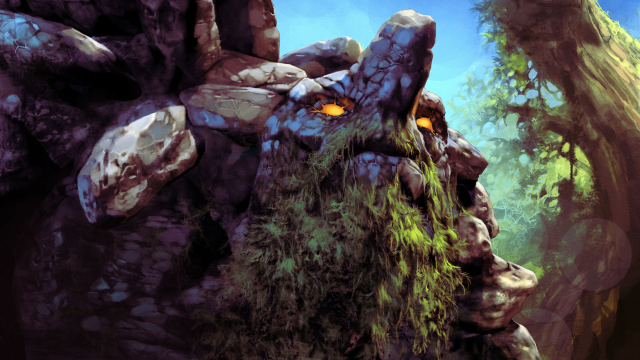 Un monstruo de roca gigante con barba verde y ojos amarillos mira hacia adelante en un bosque en Dota 2.