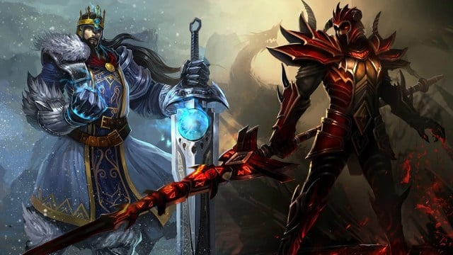 Tryndamere (izquierda), vestido con ropa de invierno y sosteniendo una espada plateada gigante, está junto a Jarvan IV (derecha), con una armadura roja y empuñando una afilada lanza roja en League of Legends.