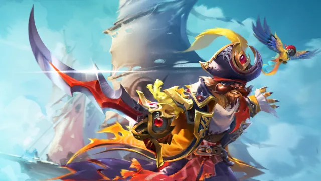 Pangolier, de Dota 2, vestido como un pirata sosteniendo una espada con un loro volando al fondo.