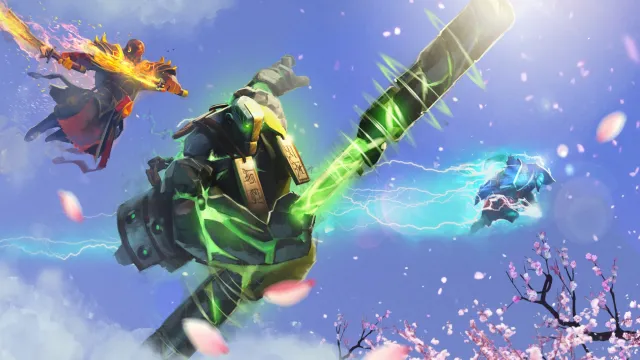 Earth Spirit, un héroe verde parecido a un golem, balancea su bastón mientras sus hermanos Ember y Storm Spirit atacan en la distancia en Dota 2.