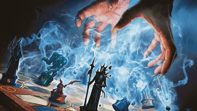 Un par de pálidas manos humanas se acercan a un tablero de ajedrez y usan magia azul para levantarlas en MtG.